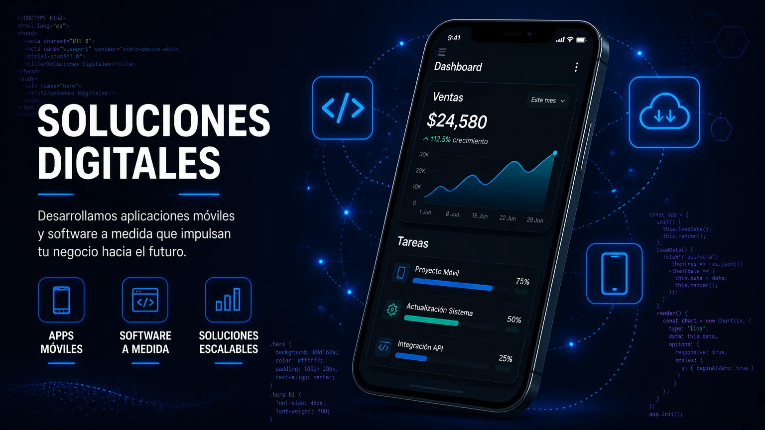 Soluciones digitales: desarrollamos aplicaciones móviles y software a medida que impulsan tu negocio hacia el futuro.