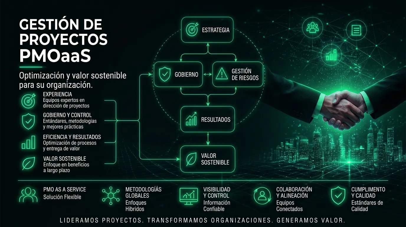 Gestión de proyectos y PMO as a Service: estrategia, gobierno, gestión de riesgos y resultados para un valor sostenible.